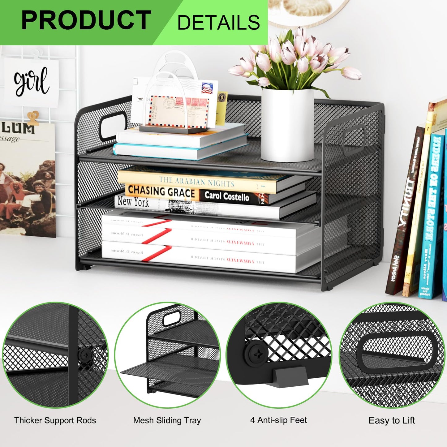 GDINDINFAN 3 Tier Paper Letter Tray Organizer for Desk, Mesh File Folder Document Organizer with Handle for Home Office Supplies Desktop Accessories, Black