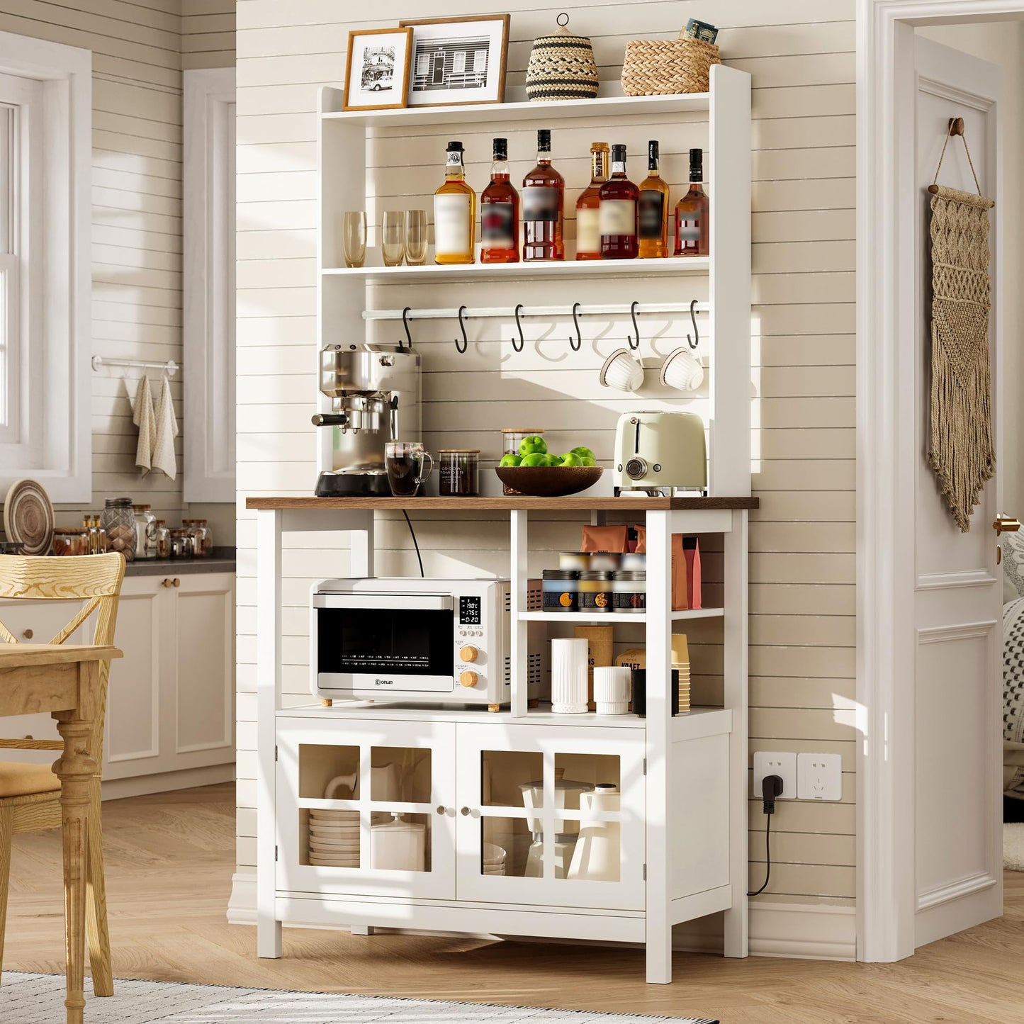 ChooChoo Farmhouse Bakers Rack with Power Outlets and Storage, Coffee Bar Cabinet with Storage, Microwave Stand Kitchen Cabinet with Hutch and 6 Hooks, Soft White & Brown