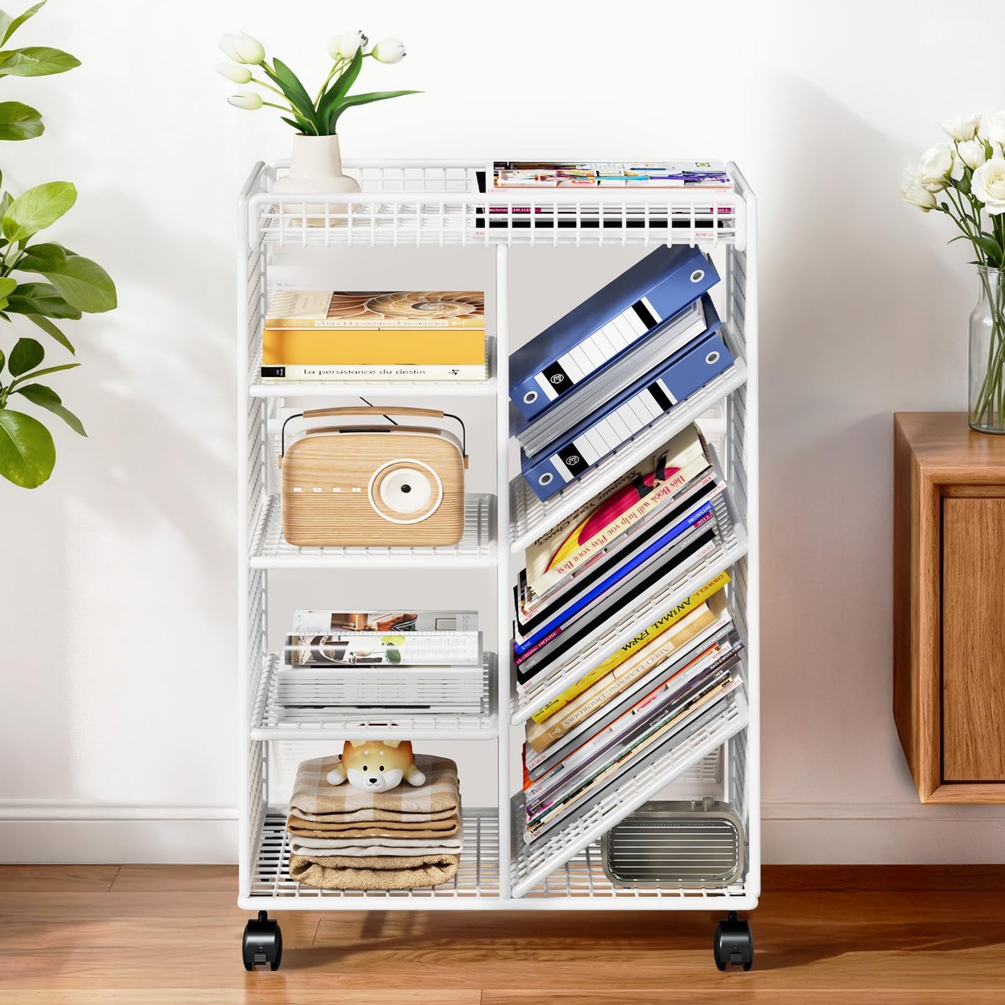 LOVEWE Letter Trays & Stacking Supports Multi-Layer Metal Storage Cart – 3/4-Tier Rolling Utility Organizer, Heavy-Duty Wheels for Easy Mobility，Office & Home Desk Paper File Rack for Books(White)