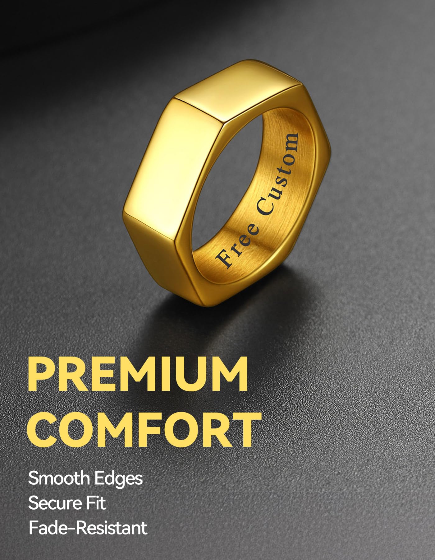 ChainsHouse Personalize Simple Band Rings 18K Gold Plated Geometric Hexagon Biker Ring for Men Women, Size 13