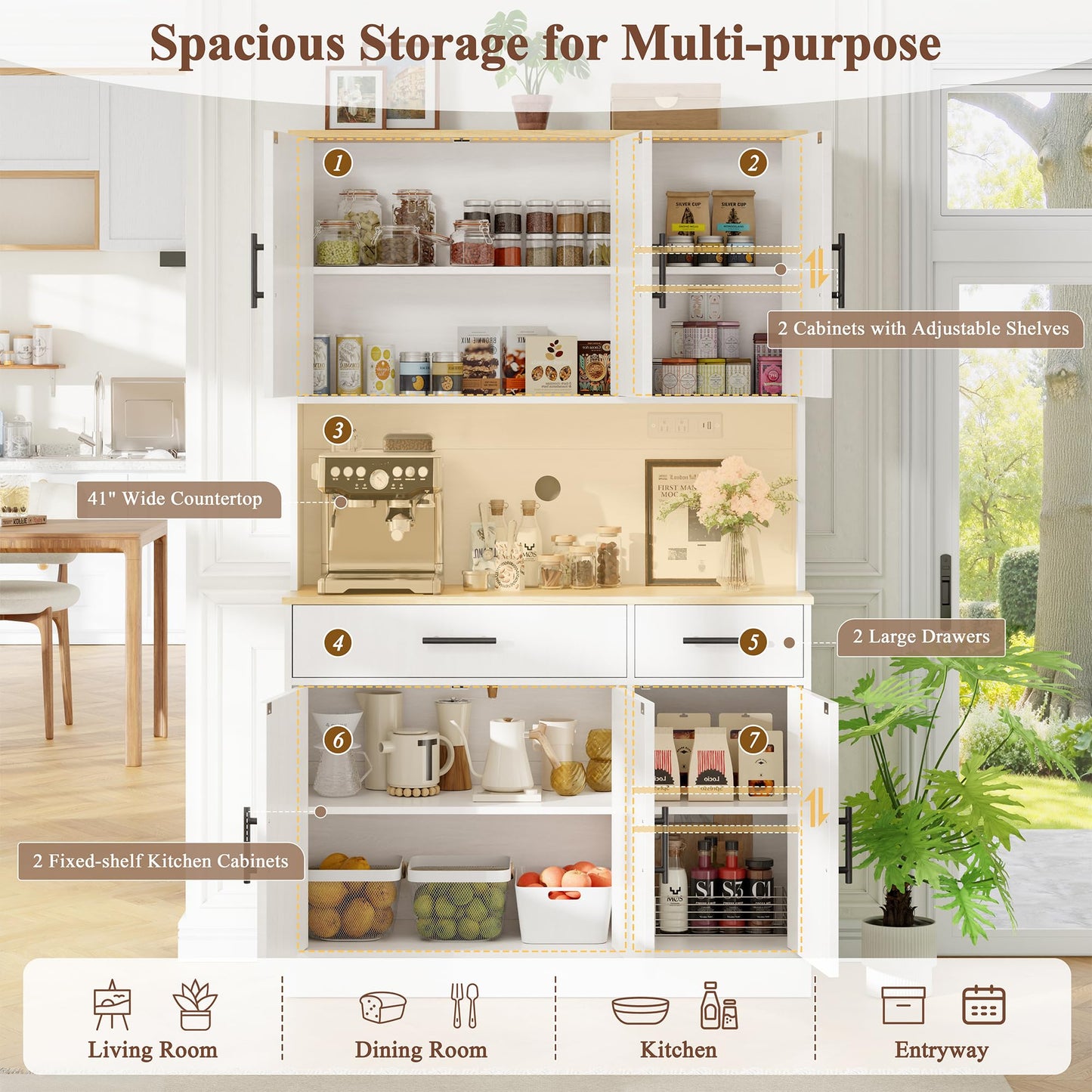 Vongrasig Farmhouse Pantry Cabinet with Charging Station, Tall Kitchen Pantry with Microwave Stand, Storage Drawers & Shelves, Large Kitchen Hutch for Living Room, Dining Room, White