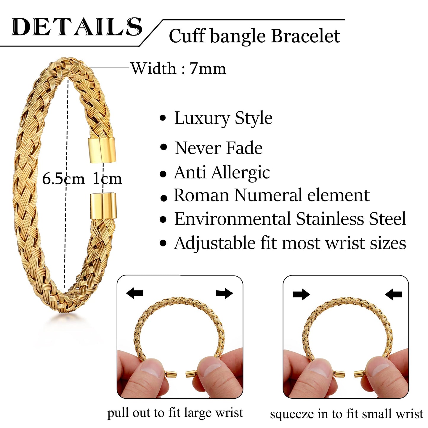 WFYOU 3PCS Stainless Steel Bracelets for Men Gold Roman Numeral Bangle Bracelet Twisted Cable Bracelet Adjustable Cuff Bracelet Mens Luxury Jewelry Bracelets Gifts(H:Gold)