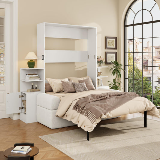 Ball & Cast Murphy Bed Full Size Murphy Beds with Sofa and Storage Cabinets,Wood Wall Hideaway w/Slat Support,can be Folded,Space-Saving,for Small Room,Dorms,White
