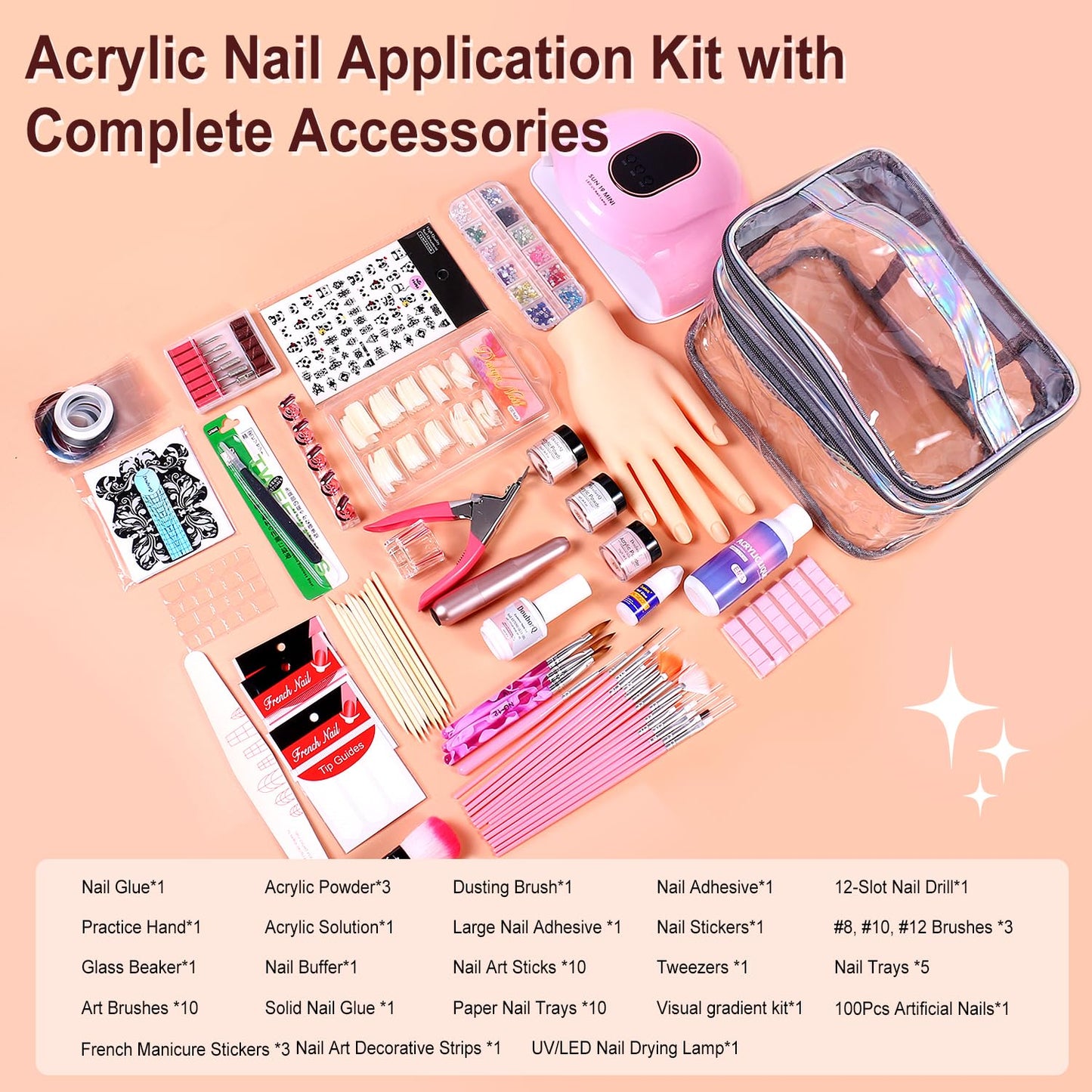 Acrylic Nail Kit for Beginners with Everything include Practice Hand Set with Powder,Drill U V Light in Silver Cosmetic Bag for Women Home Salon