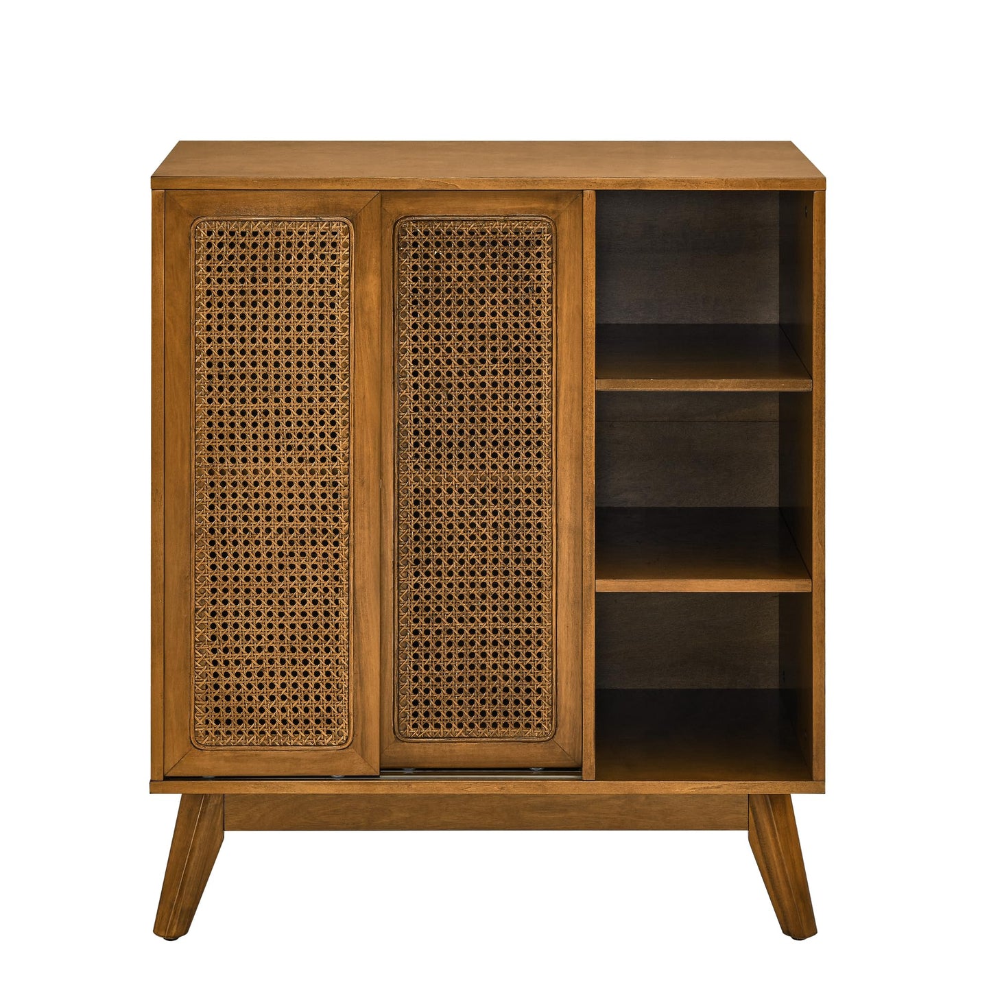 Ball & Cast 32" Mid Century Modern Rattan Sideboard Cabinet with 2 Sliding Doors, Buffet Cabinet w/Adjustable Shelf & Solid Wood Legs for Entryway, Living Room, Kitchen,Dining Room, Light Walnut