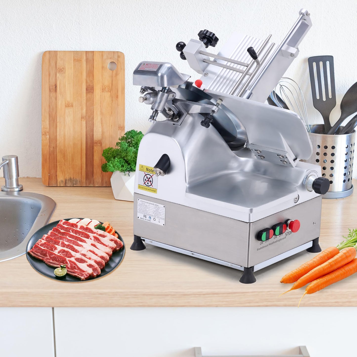 550W Automatic Commercial Meat Slicer - 12.6" Carbon Steel Blade, Double-motor Food Cutter with 0-15mm Adjustable Thickness, Low Noise