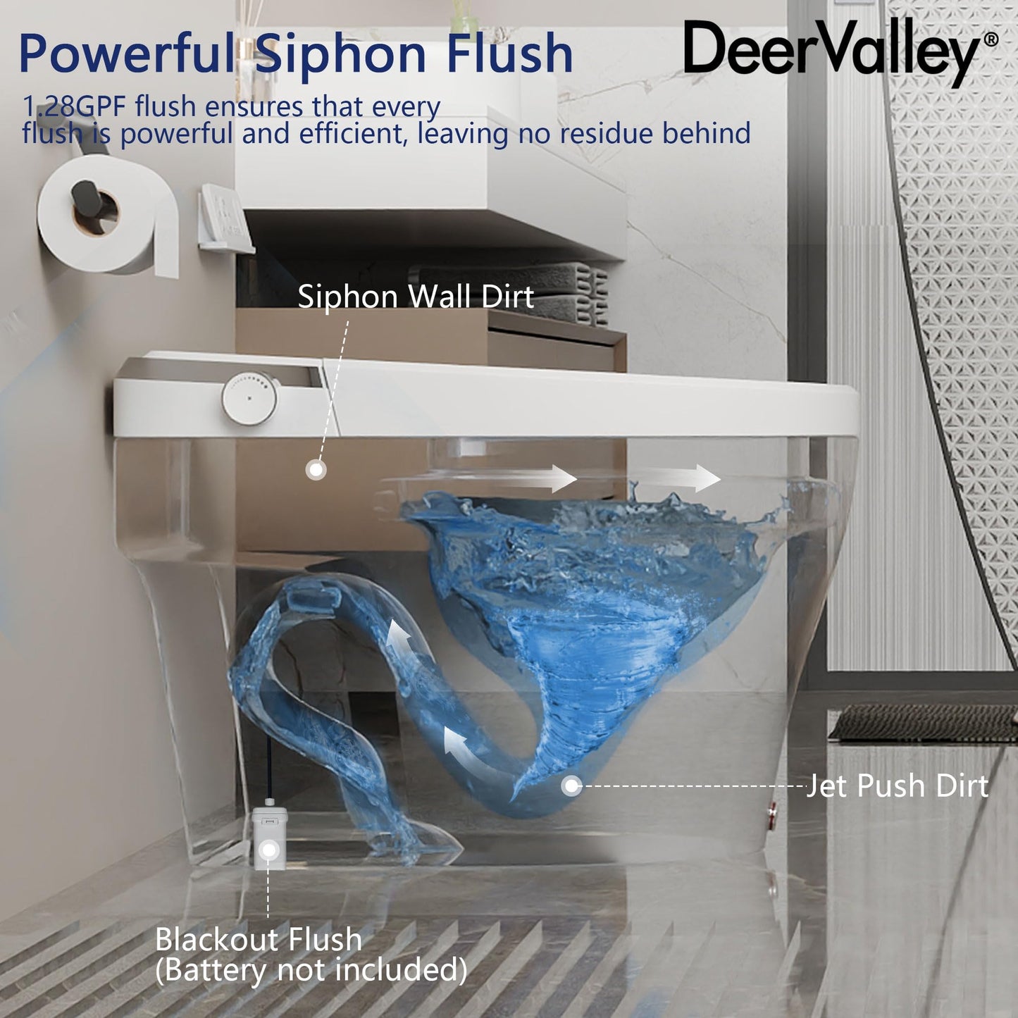 DeerValley Smart Toilet, One Piece Tankless Toilet with Built-in Bidet, 1.28GPF Auto Flush, Foot Kick, Warm Water, Heated Seat, Remote Control, 10" Rough-In Options