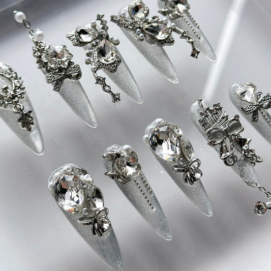 Luxury Press on Nails Long Almond Handmade 3D Unique Reusable ABS Material Fake Nails White Gothic False with Designs Bow Rhinestones Glitter Art Glossy Glue on Nails Thick Acrylic Nails(M)