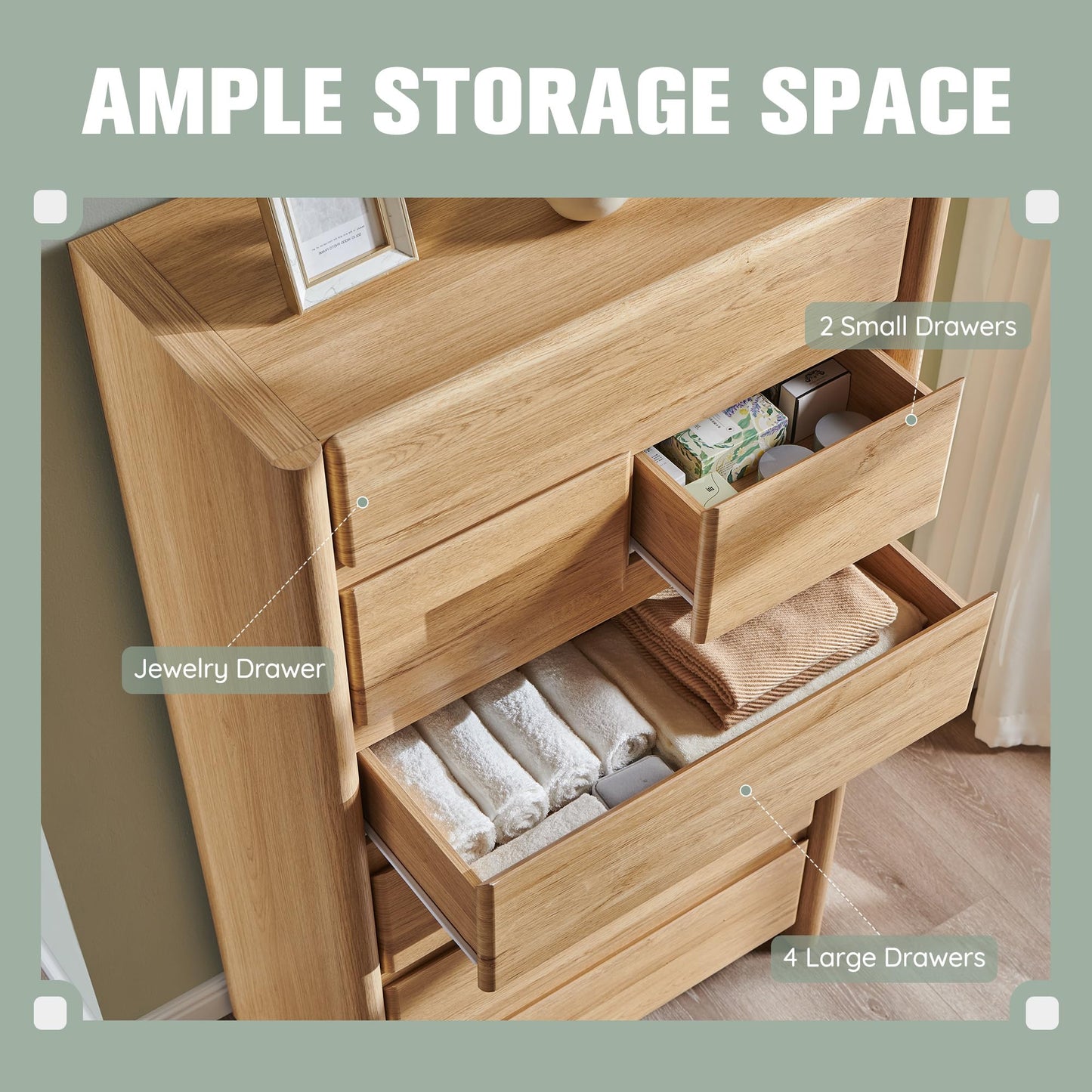 wow97e Modern 7 Drawers Dresser for Bedroom, 54.7" Tall Large Dresser & Chests of Drawers w/Rounded Corner, Wood Handleless Organizer Dresser w/Natural Texture for Bedroom, Living Room-Natural