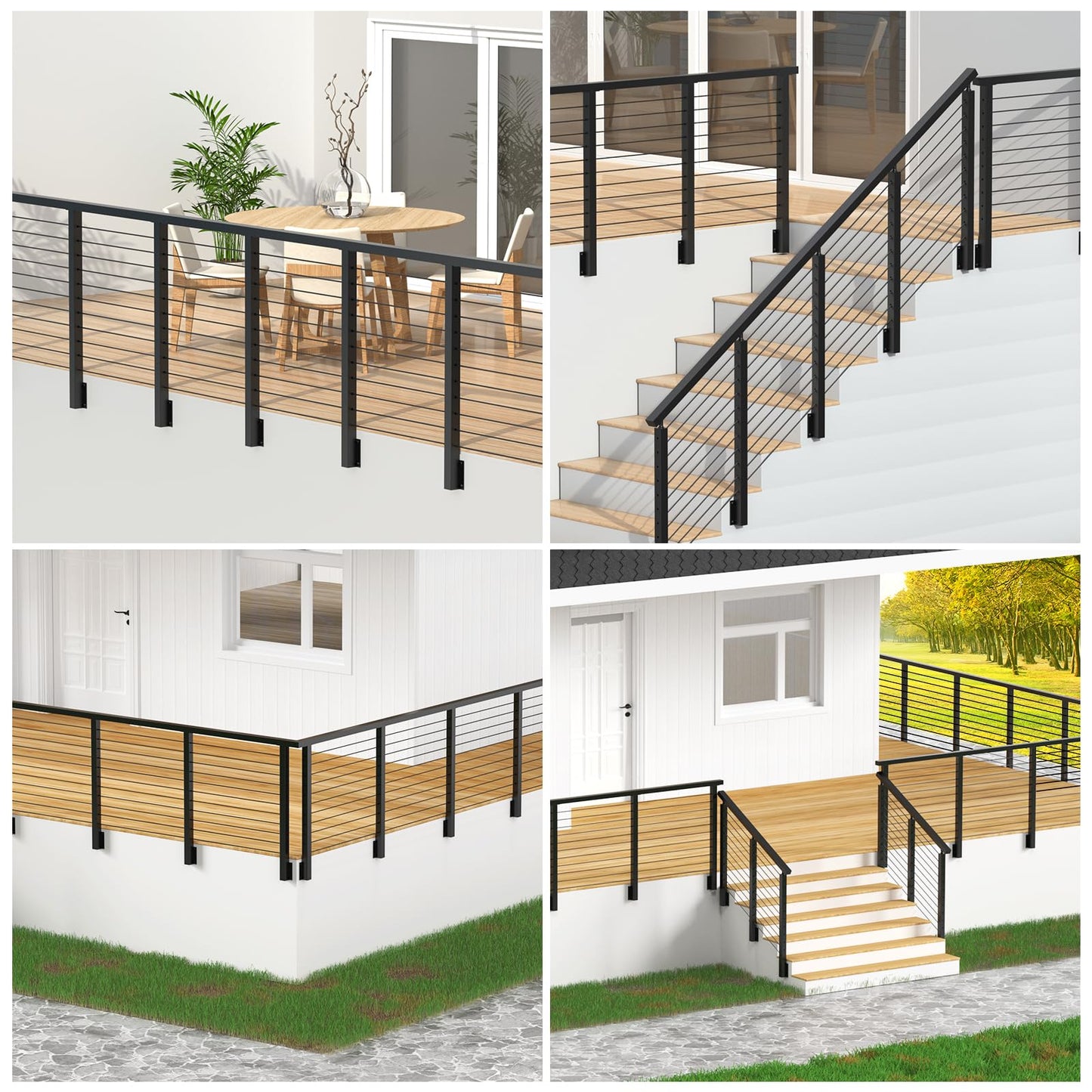 RailinGo 36" Side Mount Cable Railing Post Kits Include 2Pack Flat Top Level Drilled Cable Posts, 150FT Wire Rope, Black Fascia Mount Cable Railing System, 1/8" Stainless Steel Wire Railing Kits, RG71