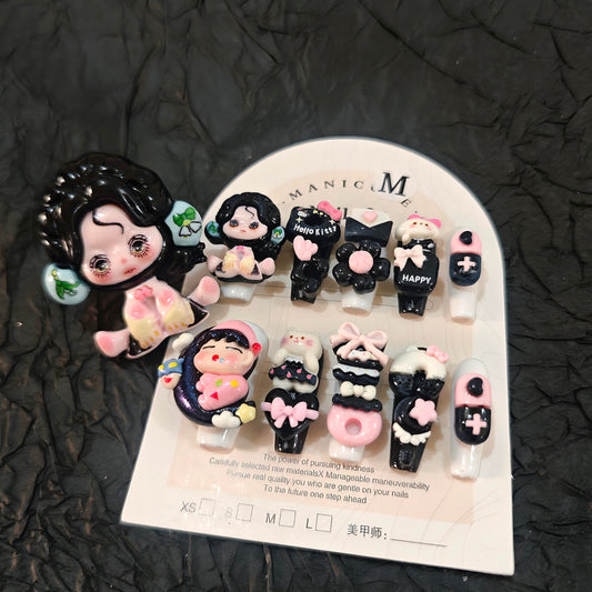 11Pcs(1Pack) Handmade Press On Nails Medium Almond Nails 25mm Gothic Ballet Nails with Ring 3D Bow Heart Skull Charms Black Pink Nail Art for Women Party Daily Wear Size L