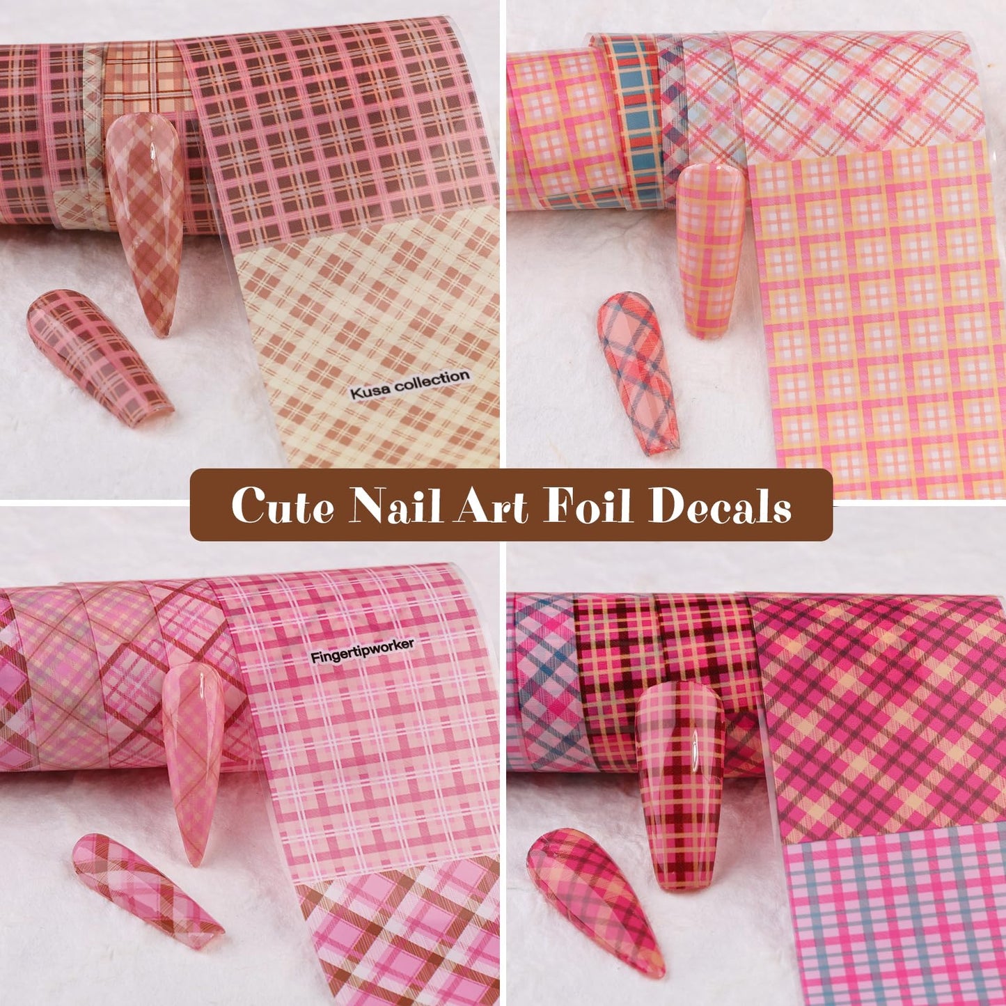 Plaid Nail Foil Transfer Sheets, 10 Rolls Pink Plaid Nail Stickers Transfer Foil with Checkered Prints for Nail Art, Starry Geometric Lines Manicure Wraps, Nail Foil Transfer Paper for Women