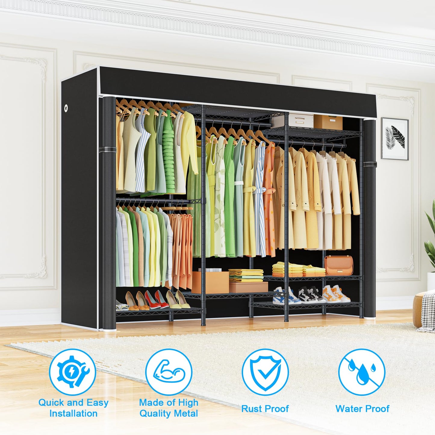 Ulif E13C Heavy Duty Closet Organizer System，Freestanding Clothing Racks for Hanging Clothes，Adjustable Garment Rack 63" W x 16" D x 77" H Hold 960 lbs，Black Clothing Rack with Black Dustproof Cover