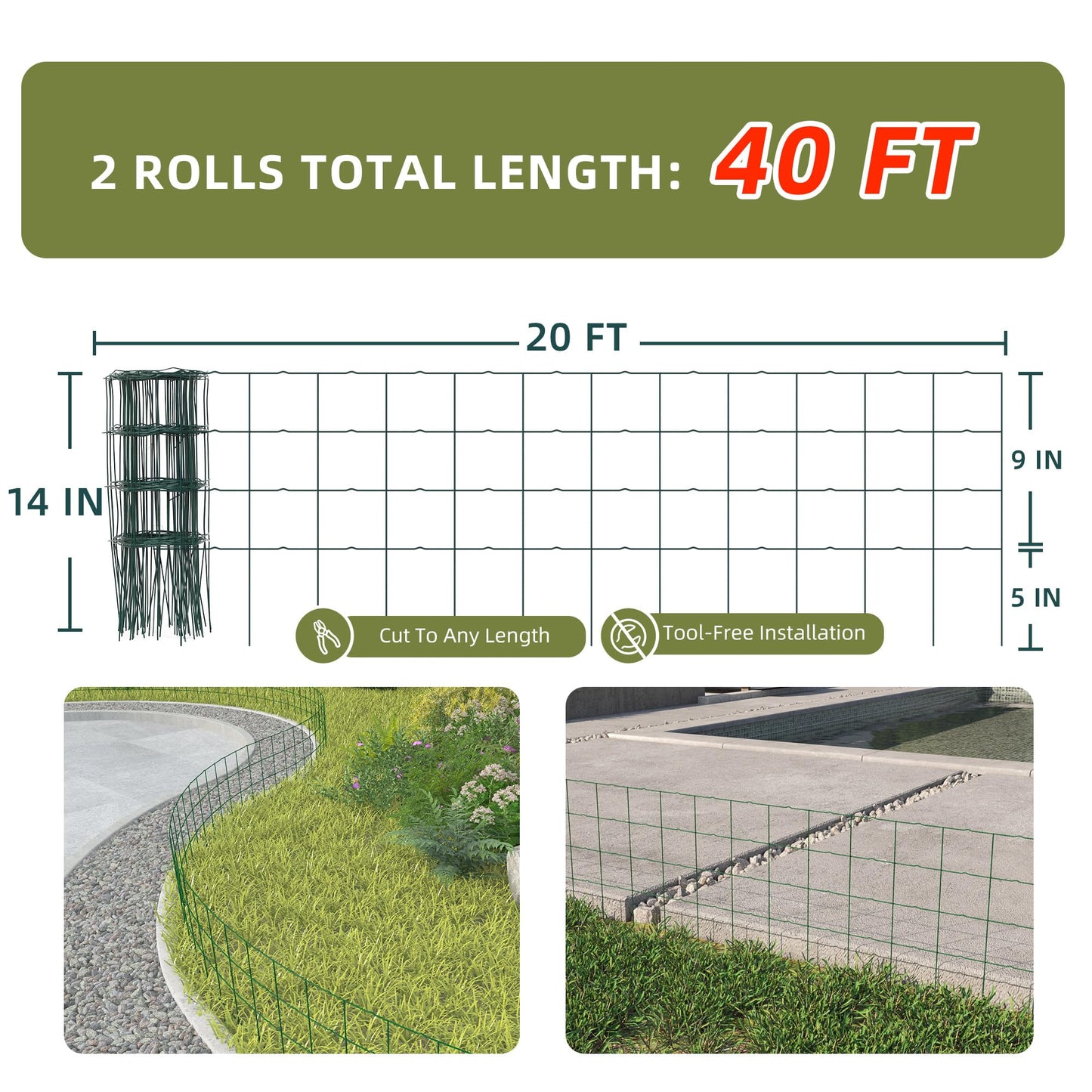 PROWORX Decorative Garden Fence Border Rolls, Total 14 in x 40 ft 2 Pack Metal Folding Flat Wire Fencing for Yard, Green PVC Coated Outdoor Patio Landscape Flower Bed Edging