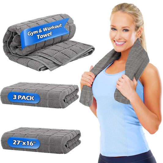 HOMERHYMRE Microfiber Workout Towels, 3 Pack Grey Gym Sweat Sports Towel for Yoga, Tennis, Running, Exercise, Working Out, Camping, Quick Dry, Highly Absorbent, for Women & Men, 16 x 27 Inch