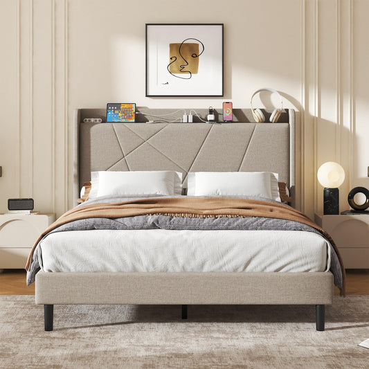 Queen Size Linen Bed Frame, Storage Headboard with Charging Station, Upholstered Platform Bed with Wooden Slats Support, Solid and Stable, Noise Free, No Box Spring Needed, Easy Assembly, Beige