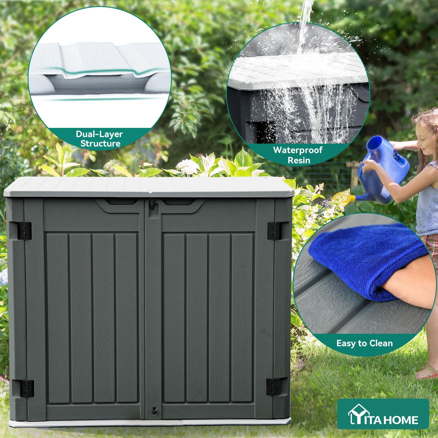 YITAHOME Extra Large Outdoor Horizontal Storage Shed, 4.5x4ft Resin Tool Sheds w/o Shelf, Easy to Assemble Waterproof Storage for Trash Cans, Garden Tools, Lawn Mower, Lockable, Dark Gray