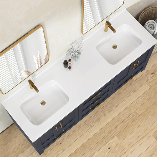 72 x 22 White Vanity Top with Sink Solid Surface Bathroom Vanity Sink Top with Double Sink Integrated Basin Backsplash and Overflow in Glossy Pure White, Cabinet Not Included