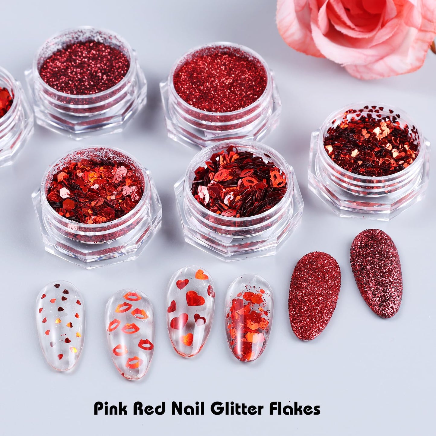 Red Pink Nail Glitter Powder 12 Boxes Cute Glitter for Nails Romantic Heart Lips Flakes for Nails Sugar Reflective Powder DIY Nail Art Decoration Wedding Valentine's Day Accessories