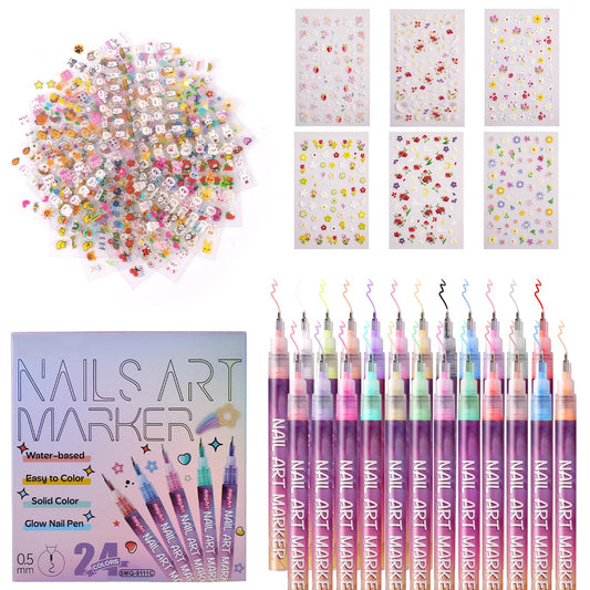 24 Colors Nail Art Pens Set, 0.5mm Fine Tip Nail Art Markers, Non-Toxic Quick Dry Waterproof Nail Polish Pens for DIY Nail Art Painting, Greeting Card Craft Doodling, Long-Lasting High Coverage