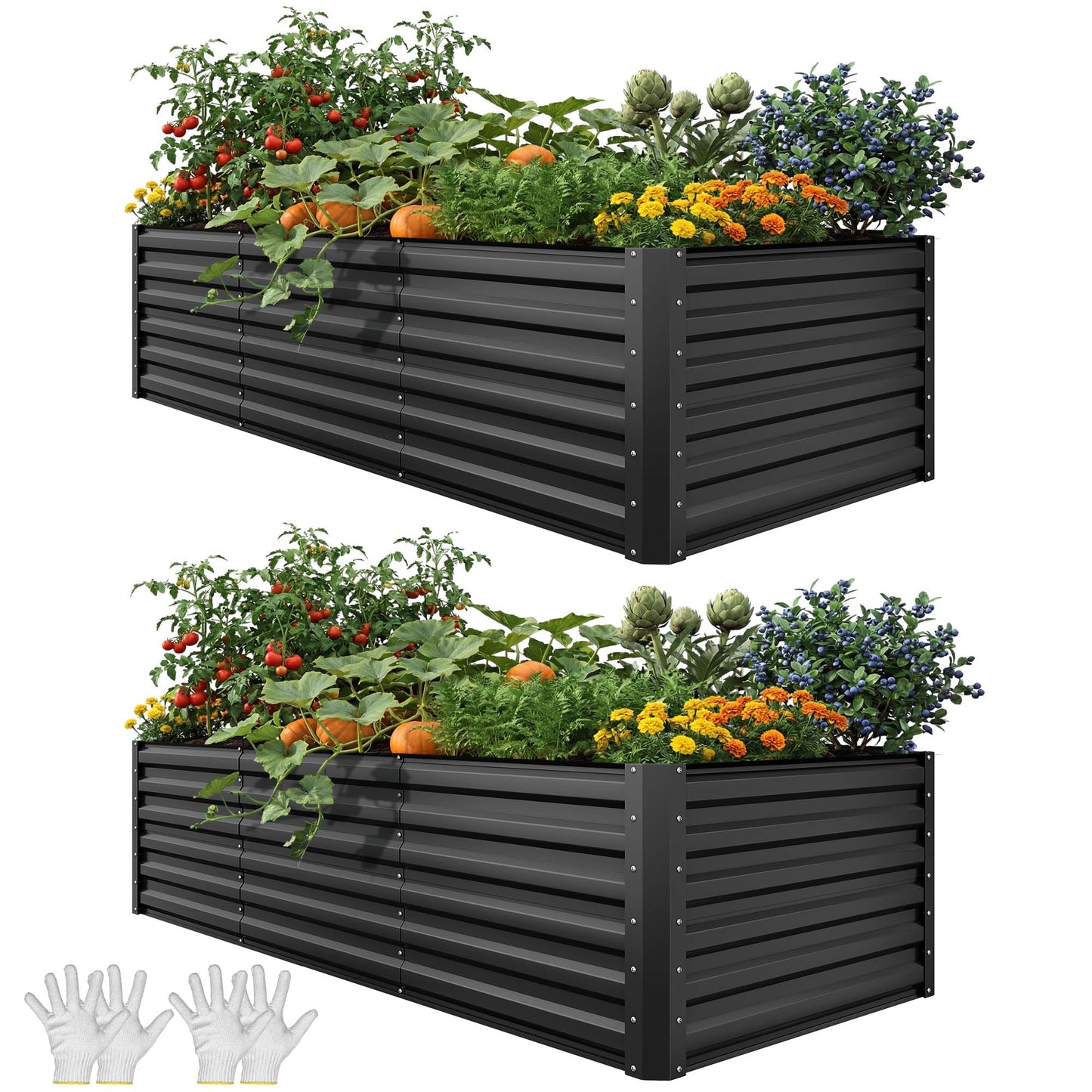YITAHOME 8x4x2ft 2pcs Large Raised Garden Bed, Galvanized Metal Planter Box with Gloves, Ground Nails, Support Rod & Safety Rubber, Outdoor Above Ground Planters for Plants Vegetables Flowers, Black