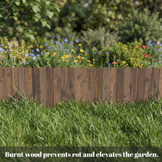 Wieghda Garden Wooden Fence Edging, Burnt Wood Finish, Fir Wood,Outdoor Lawn Landscape Border (2, 11.8" Height)