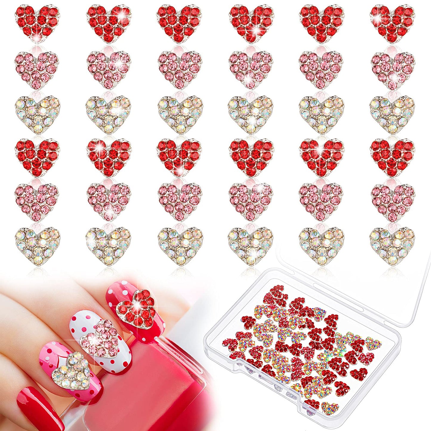 Leelosp 36 Pcs Valentine Heart Nail Charms for Nail Art, 3D Red Heart Rhinestone Decals Silver Crystal Charms Diamond Alloy Gems for Women Valentine's Decorations