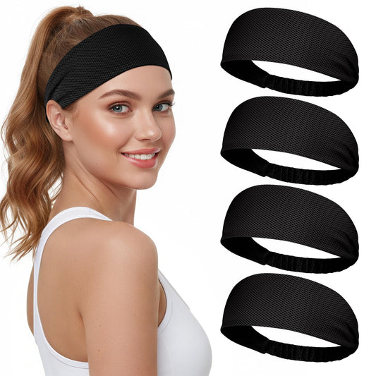 Awumbuk Cooling Headbands for Women, Non-Slip Sweatbands for Women, 4-Pack Elastic Sports Head Bands for Running, Yoga, Gym Workouts, Football