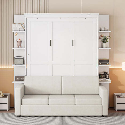 Merax Queen Size Murphy with Sofa and Shelves for Bedroom or Guestroom Wall Bed Space Saving Hidden Bed,No Need Fix to The Wall,Gray
