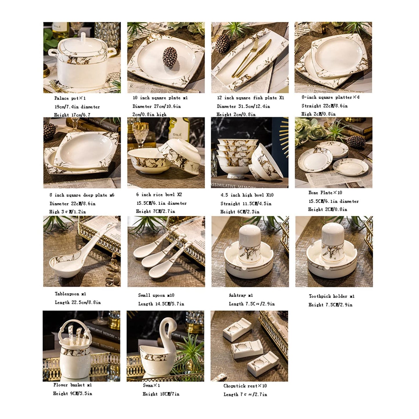 European/Greek Style 60-Piece Ceramic Dinnerware Set, Luxury High-End European Tableware Set, White, Marble Pattern, Dishwasher Safe