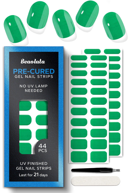 Beaolata Real Gel Nail Strips (No UV Light Needed) - 44Pcs Salon Quality Nail Stickers - Long Lasting Polish Wraps for Women, Easy Apply & Remove (Emerald)