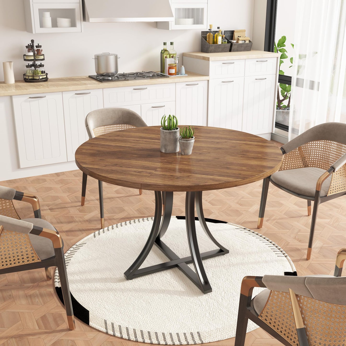40 Inch Round Dining Table for 4 People, Modern Farmhouse Kitchen Table, Adjustable Feet, Circle Wood Dinner Table for Dining Room, Living Room, Apartment, Easy Assembly