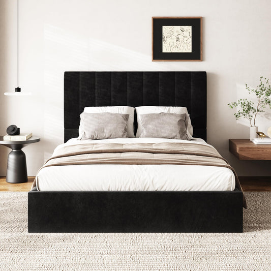 Sismplly Queen Size Cloud Bed Frame with 47" Tall Headboard, Velvet Upholstered Platform Bed with Thickened Sides & Footboard, Modern Floor-Standing Design, No Box Spring Needed, Easy Assembly, Black