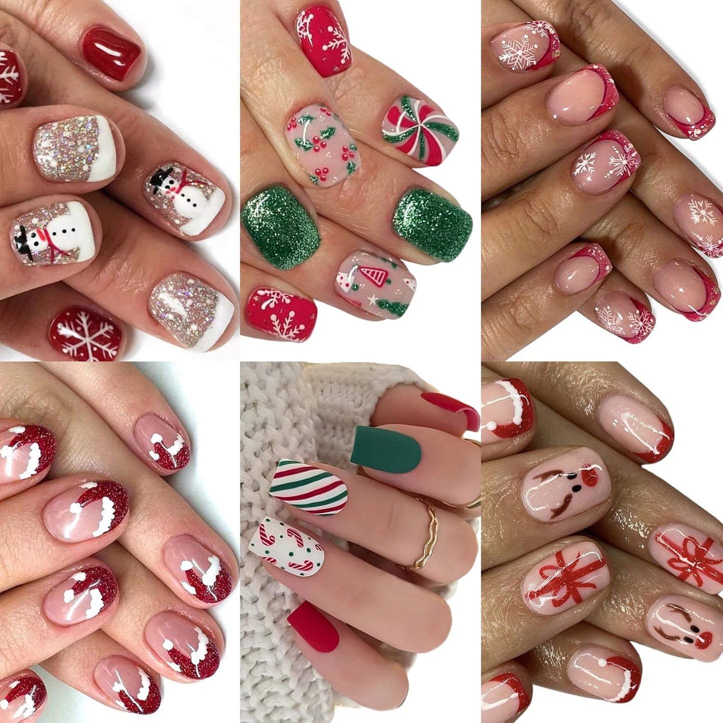 144 Pcs 6 Styles Christmas Press on Nails Kit Short Fake Nails Xmas Tree Snowflake Elk Santa's Hat Designs French Tip Sparkly Acrylic Nails Full Cover Glitter False Nail Set for Women Nail Art DIY