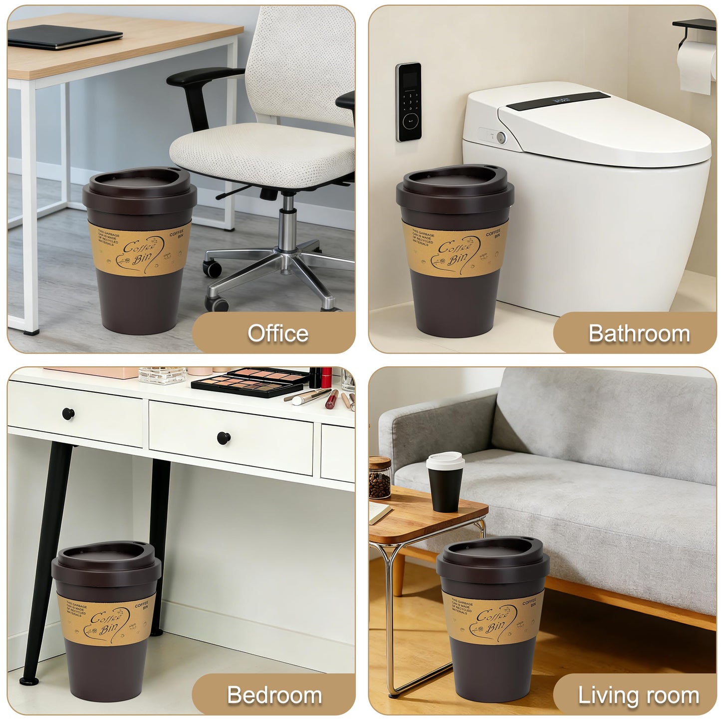Soddeph 3.4 Gallon Large Trash Can with Swing Lid, Plastic Waste Bin with Lid, Garbage Can for Kitchen, Bathroom, Office，9.3″ × 6.5″ × 13.2″ (Brown)