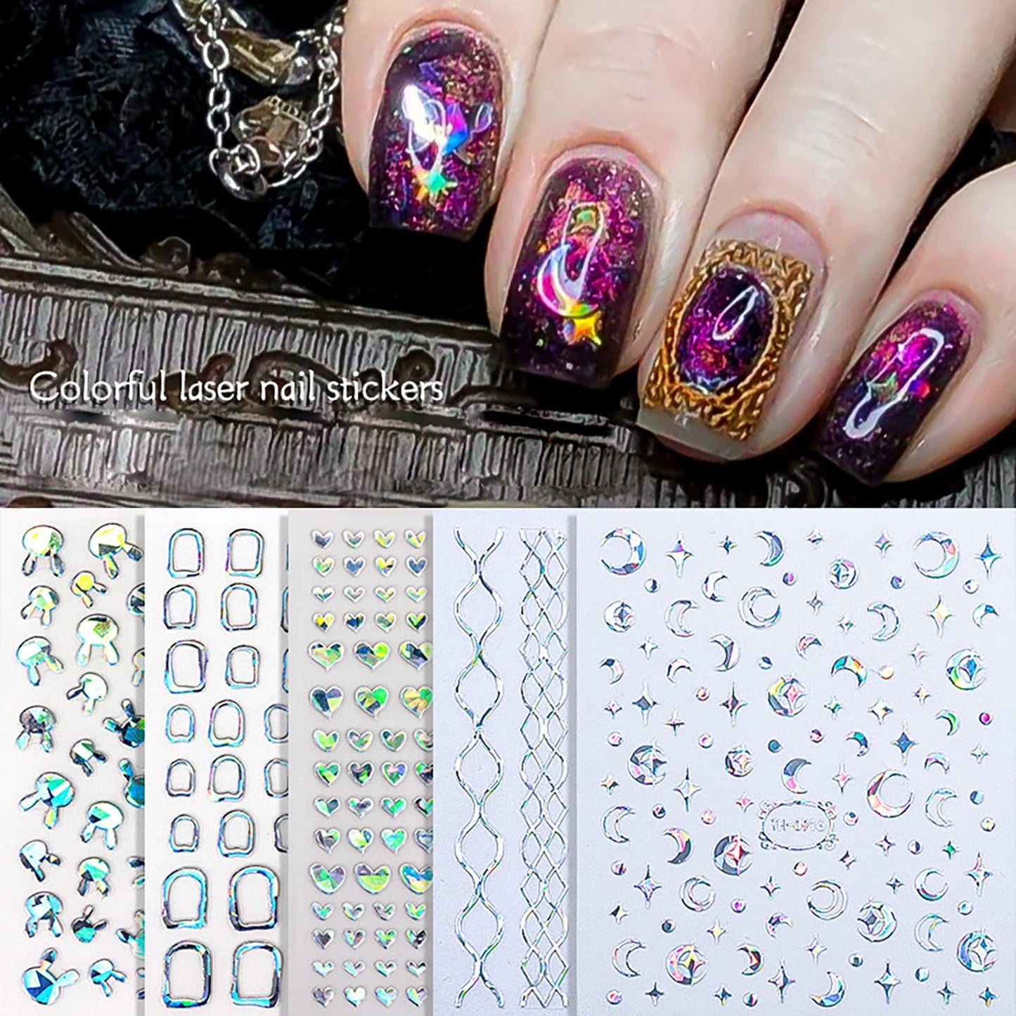 9 Sheets 3D Self-Adhesive Flower Love Nail Art Stickers Moon Stars Lines and Cute Rabbit Design Nail Decals Holographic Laser Nails Stickers Decoration Suitable Women Daily DIY Manicure Supplies Set