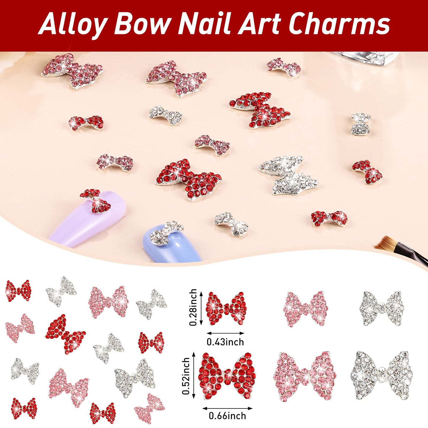 Maitys 24 Pieces Nail Bows Charms Rhinestones 3D Charms Alloy Pearl Bow Knot Accessory for Valentine's Day Women DIY Xmas Salon Jewelry Craft(Red, Gold, Rose Red)