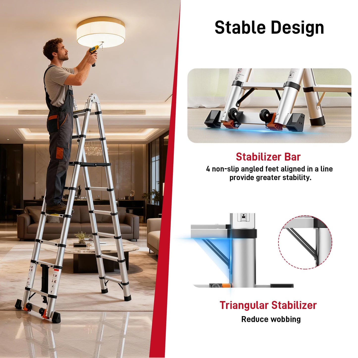 SEEKNEW 16.5 FT Telescoping A Frame Ladder,Aluminum Extension Ladder,Heavy Duty 330 lbs Max Capacity with Stabilizer Bar&Wheels,Multi-Purpose Portable Collapsible Ladder for Home,Work Silver CE ANSI
