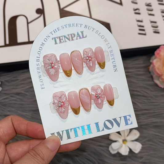 TENPAL Cat Eye Nude Pink Gold French Tips Press on Nails Medium Almond with 10Pcs Kit, Removable Summer Floral Blush Simple Cute Design for Women(XS)