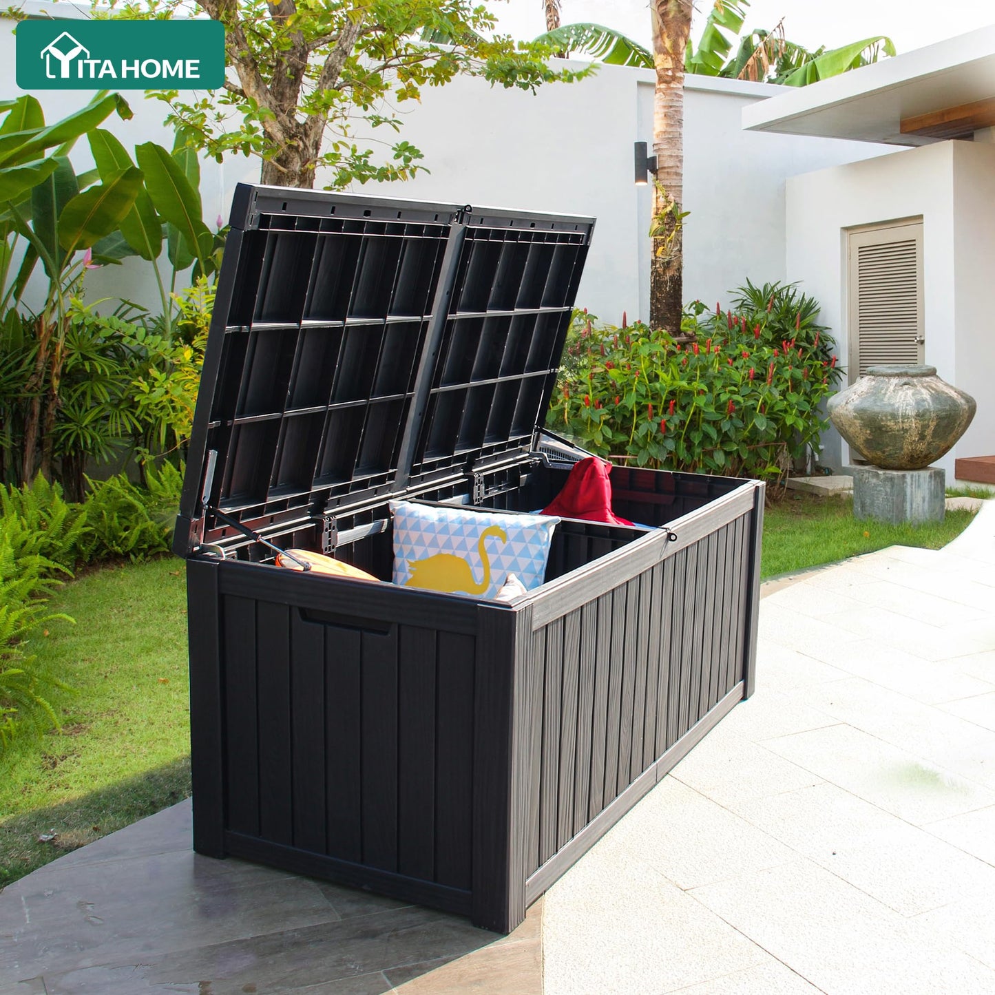 YITAHOME 150 Gallon Large Outdoor Storage XL Deck Box w/Divider for Patio Furniture,Outdoor Cushions, Garden Tools, Sports Equipment and Pool Supplies, Waterproof, Resin, Lockable, Black
