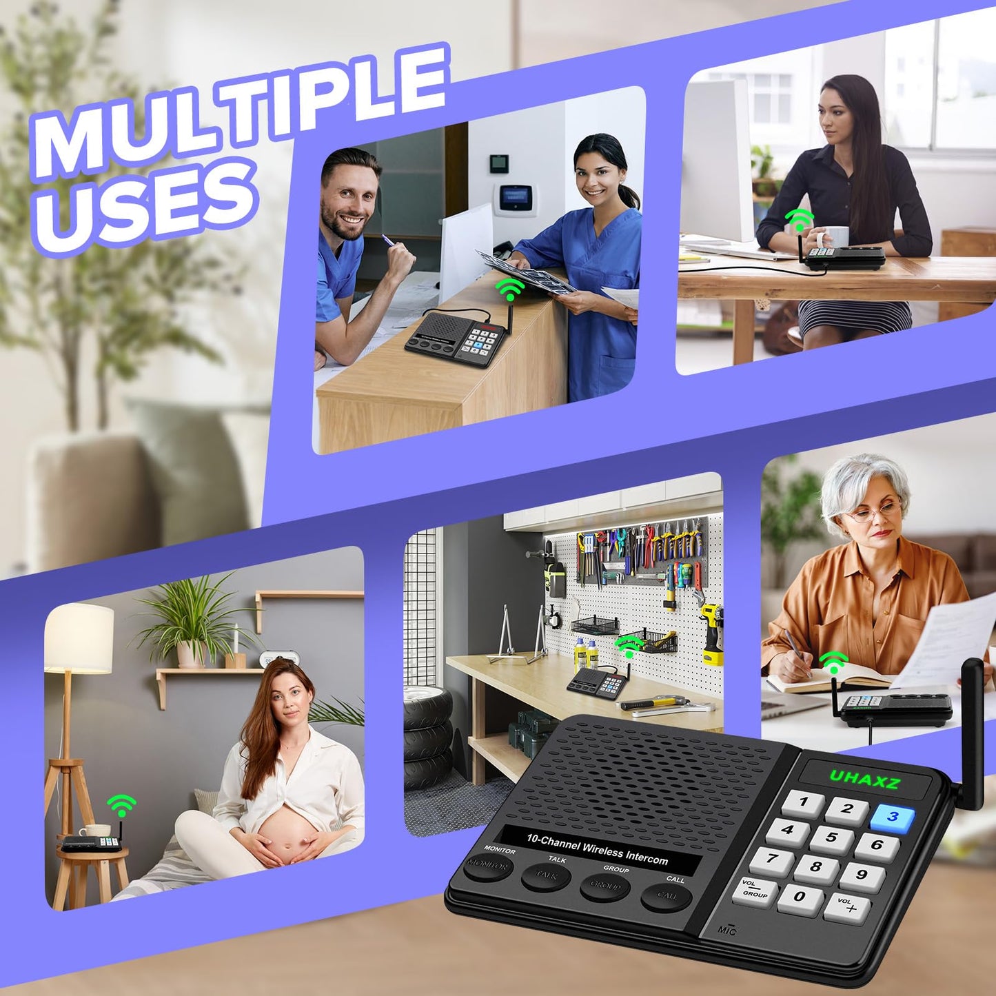 UHAXZ Intercoms Wireless for Home, Long Range Wireless Intercom 6000ft, Intercoms for Home with Group Call, Clear Sound, 8 Volume Levels Intercom System for House Business Office Elderly(2 Packs)