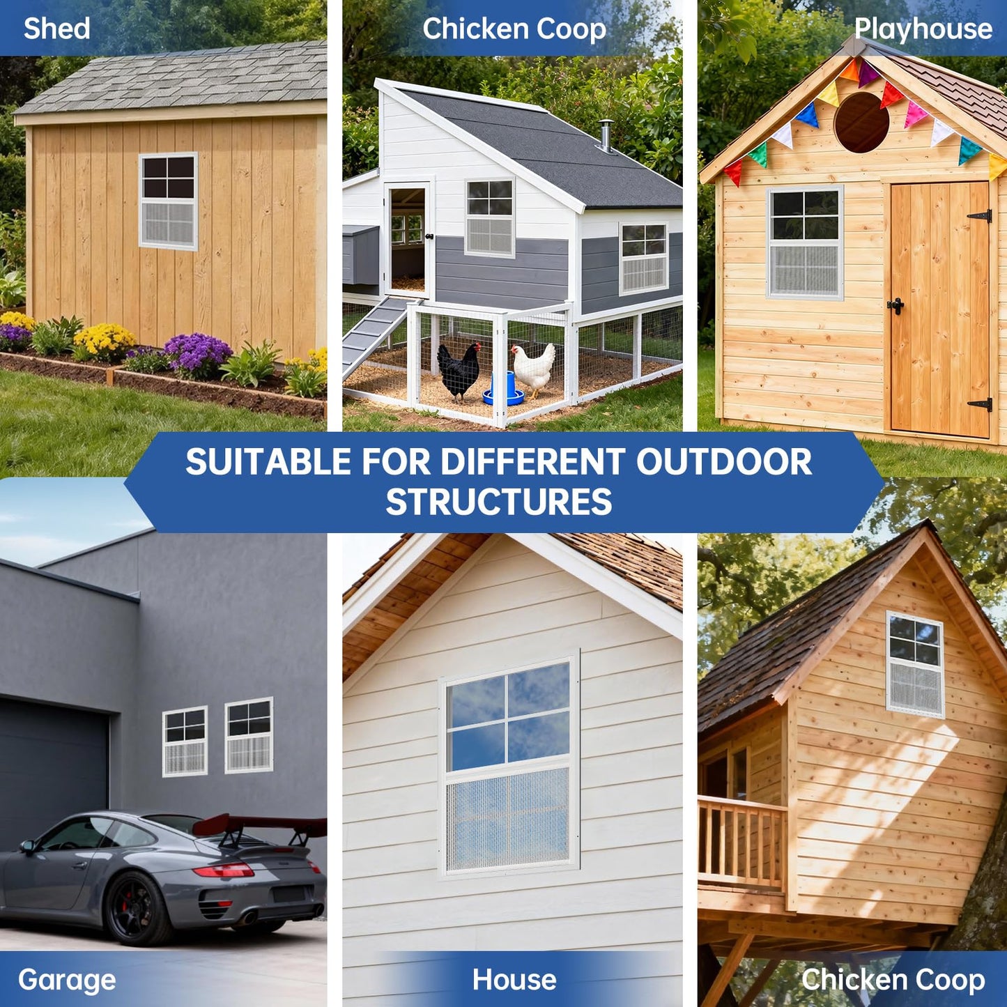 2 Pack 24 x 27 Shed Windows with White Frame, Flush Mount Small Window with PC Screen for Shed for Shed, Chicken Coop, Household, Playhouse, Garage