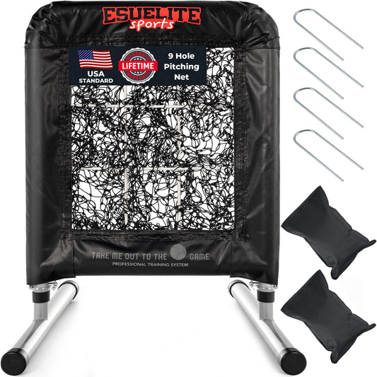 Heavy-Duty 9 Hole Pro Style Baseball & Softball Pitching Net with Strike Zone Target - Adjustable Portable Design for Training, Includes 4 Stakes & 2 Sandbags（Black Pro）