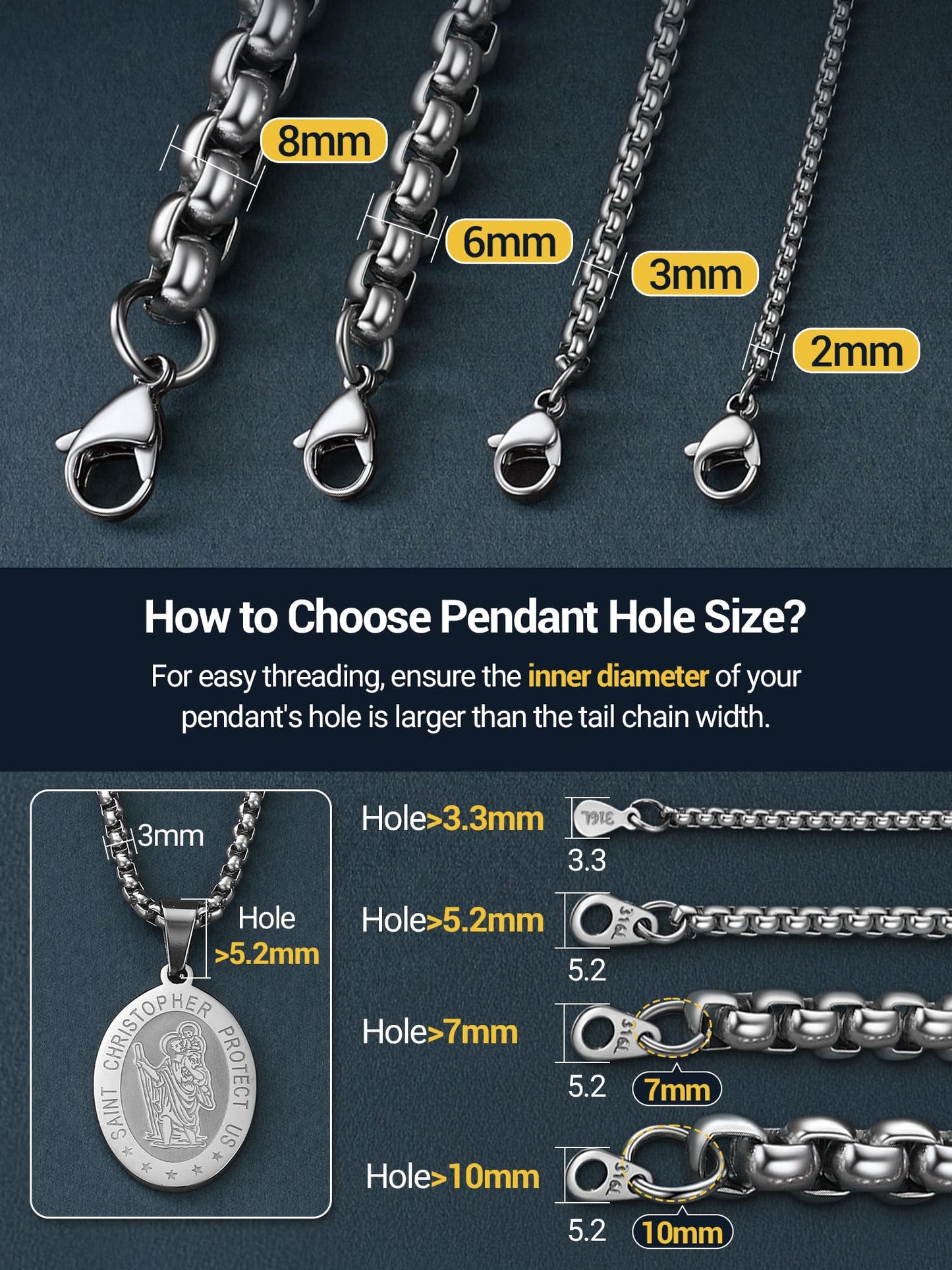 PROSTEEL Squre Rolo Link Chains, Stainless Steel Chain Necklace Waterproof & Strong Lobster Clasp 3mm Link Chains for Men and Women Jewelry with Gift Box 20in