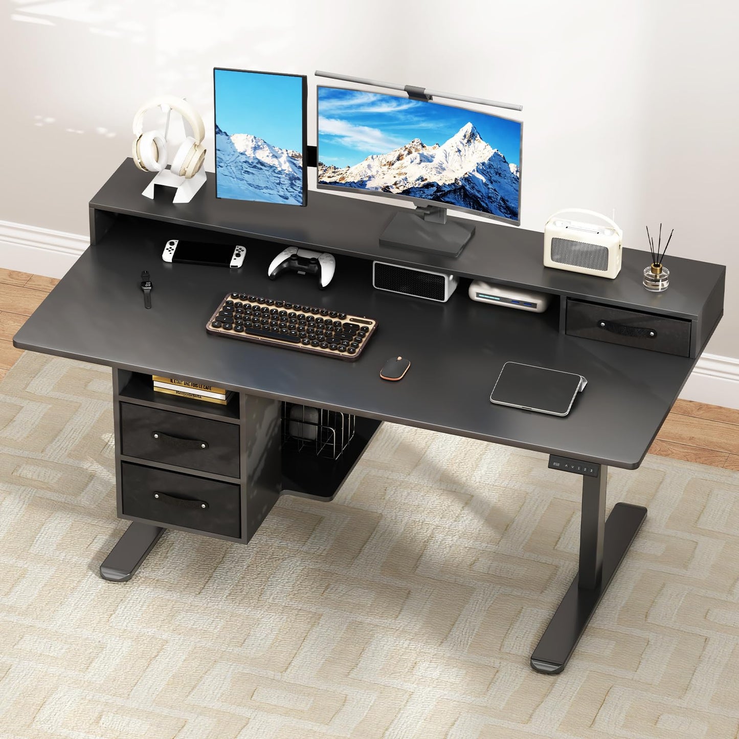 55x24 Inches Standing Desk with Drawers, Electric Computer Desk with Open Storage Shelf, Stand Up Desk, Adjustable Height 28-46 Inches for Home and Computer Workstation, Black