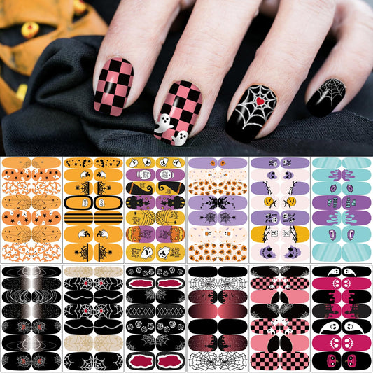 12 Sheets Halloween Nail Wraps Stickers, Nail Polish Strips DIY Self-Adhesive Full Glitter Nail Art Decals Pumpkin Bat Ghost Spider Skull Pattern with 2 Piece Nail Files for Party Decor (168 Pieces)