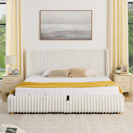 Tabaray King Bed Frame with Storage, Upholstered Platform Bed Frame with Plush Rabbit Fur Headboard, Adult Floor Bedframe with Wooden Slats Support, No Box Spring Needed for Bedroom, Apartment, Beige
