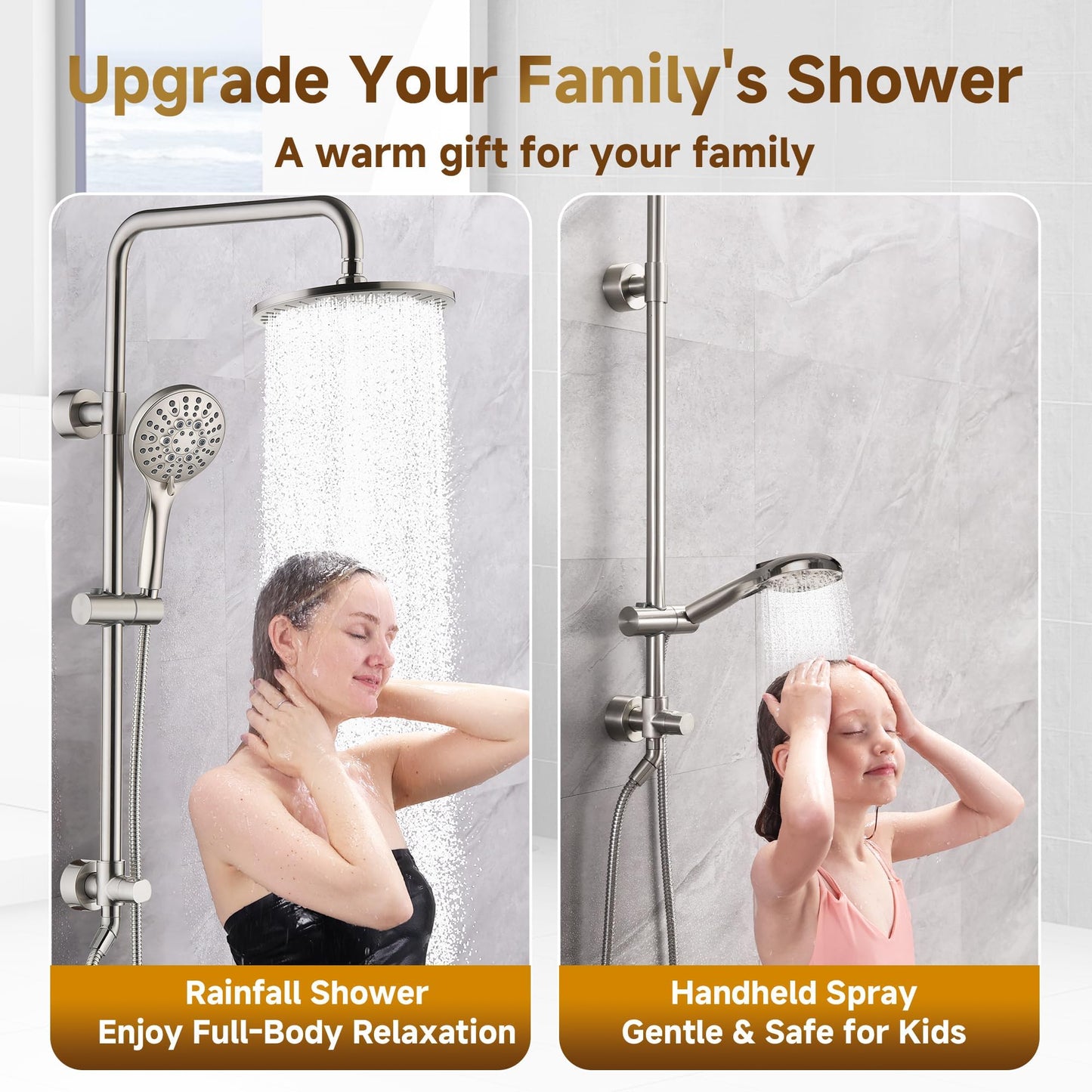BRIGHT SHOWERS Rain Shower Heads System - 9 Inch Rainfall Shower Head and Handheld Shower Head with Height Adjustable Holder, Solid Brass Rail and 60" Long Stainless Steel Shower Hose, Brushed Nickel