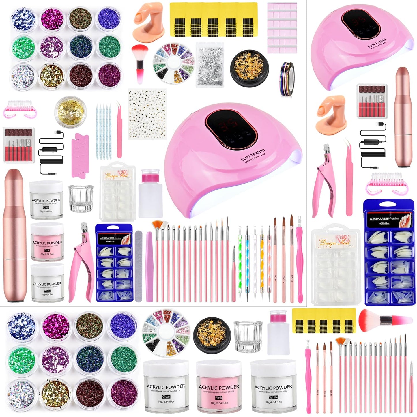 Acrylic Nail Kit for Beginners with Everything Nails Acrylic Set with Drill Nail Lamp Acrylic Powder Glitter Decorations Rhinstones Tools for Women Home Salon