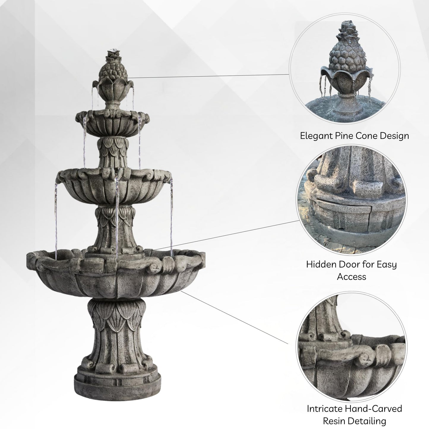 XBrand 58.3" 3-Tier Outdoor Water Fountain – Dark Gray Freestanding Classic Leaf Design with Bird Bath, Pump & Large Water Capacity – Garden, Yard, Lawn, or Patio Décor